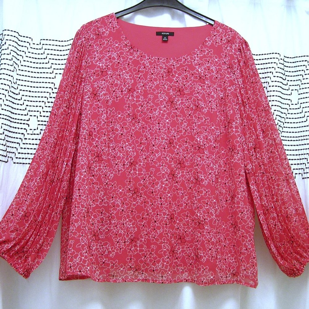 ALFANI Women Blouse lined Chiffon pink, long pleated sleeves + elastic wrist XXL